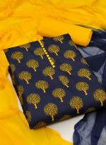 Slub Cotton Navy Blue Casual Wear Printed Dress Material